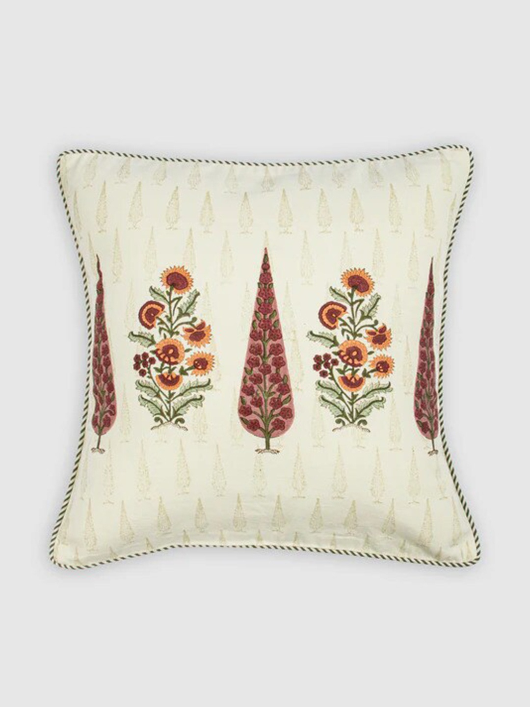 

HOUMN Off White & Red Floral Cotton Square Cushion Cover