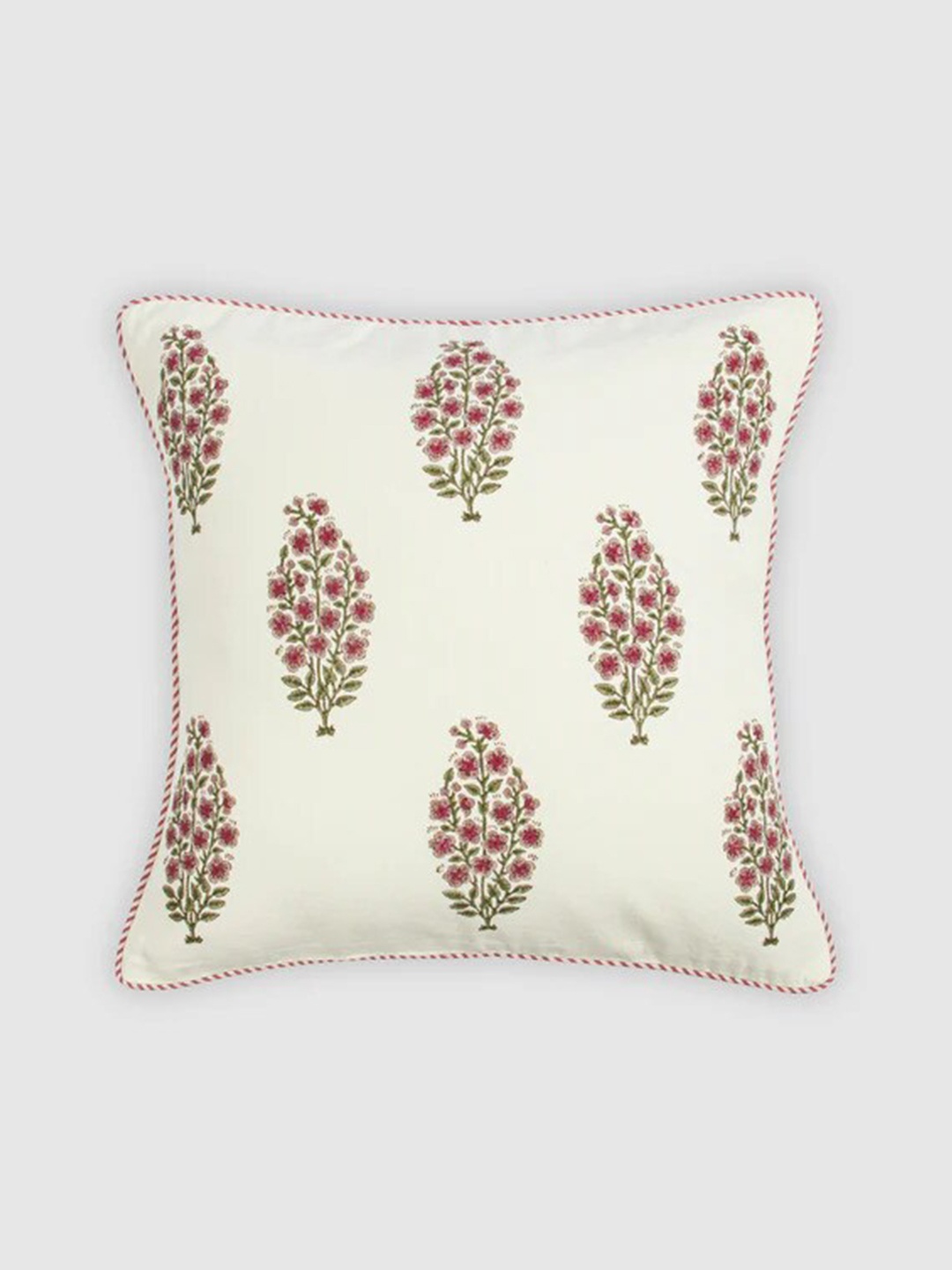 

HOUMN Cream-Coloured & Pink Ethnic Motifs Cotton Square Cushion Cover