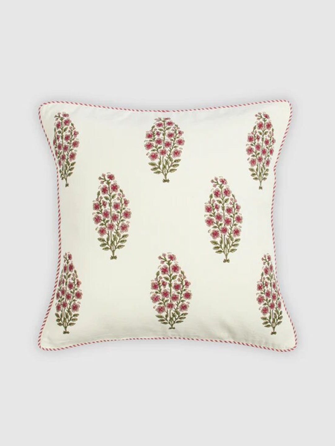 

HOUMN Cream-Coloured & Pink Ethnic Motifs Cotton Square Cushion Cover