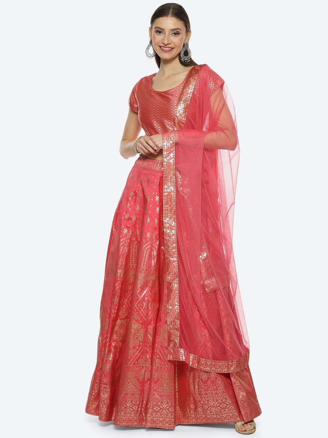 

Biba Printed Ready to Wear Lehenga & Blouse With Dupatta, Coral