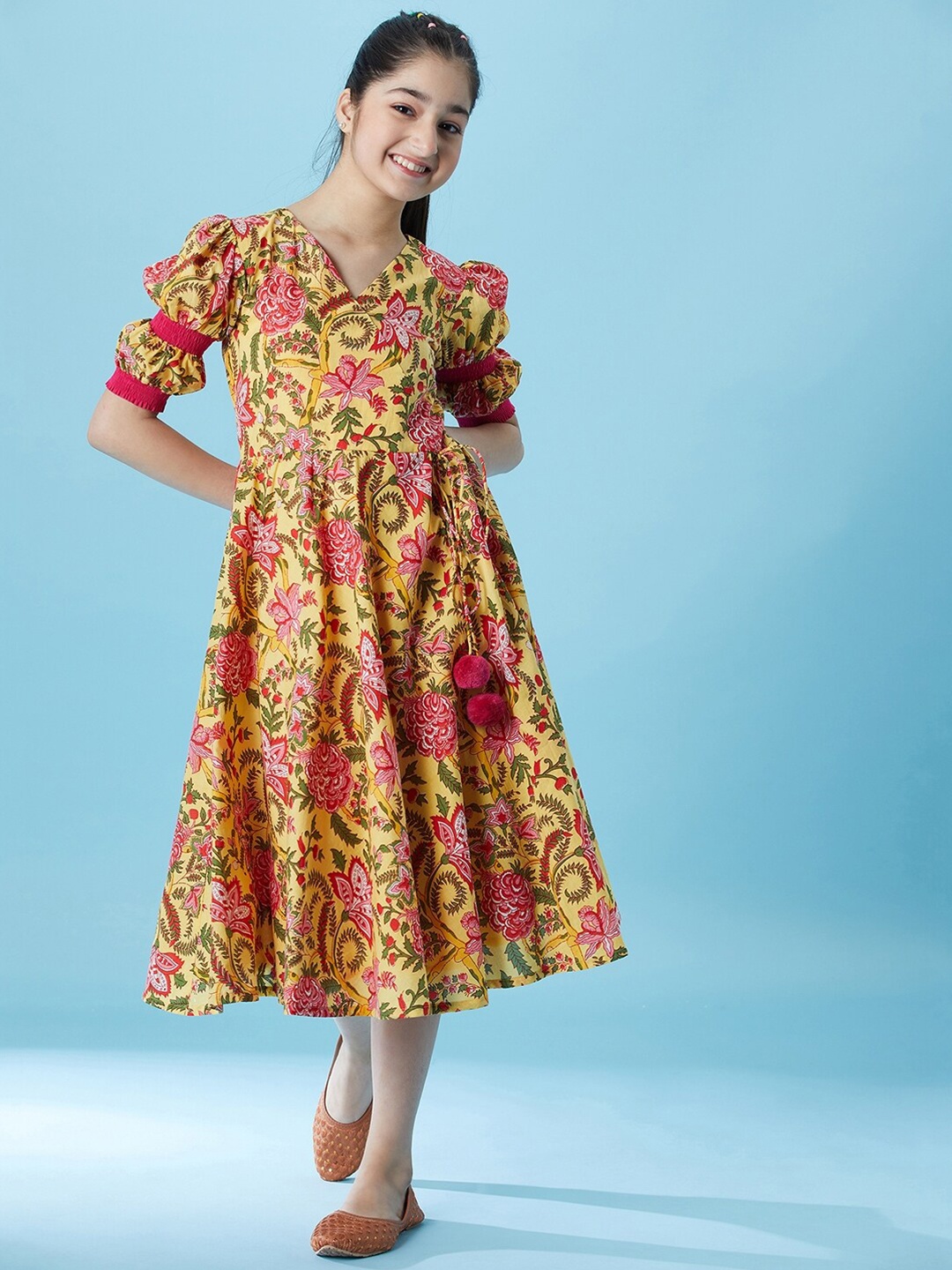 

pspeaches Girls Floral Printed A-Line Midi Dress, Yellow