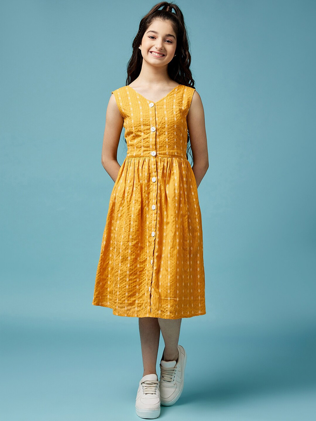 

pspeaches Girls Printed Cotton A-Line Midi Dress, Mustard