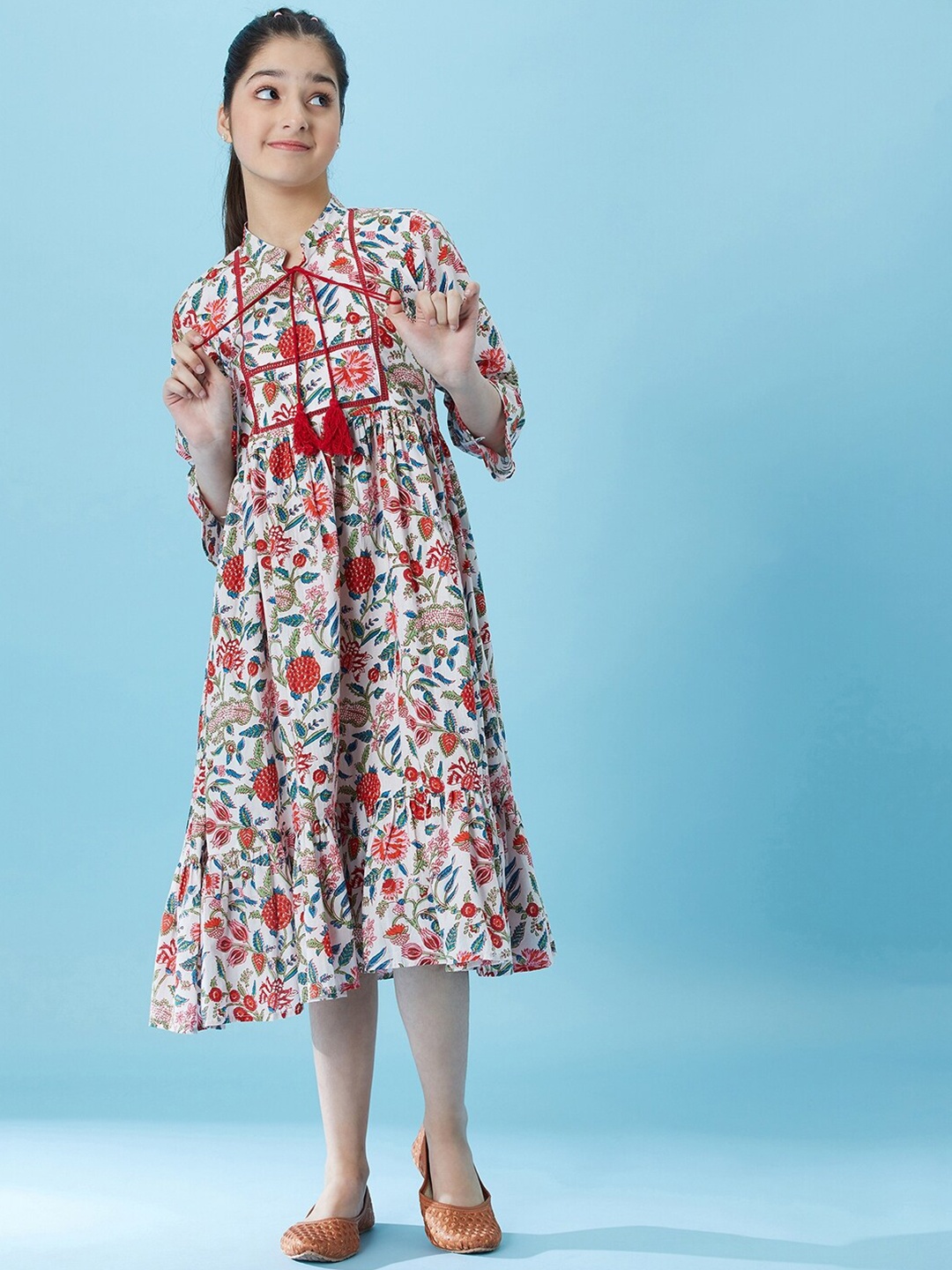 

pspeaches Girls Floral Printed Tie-Up Neck Cotton A-Line Midi Dress, White