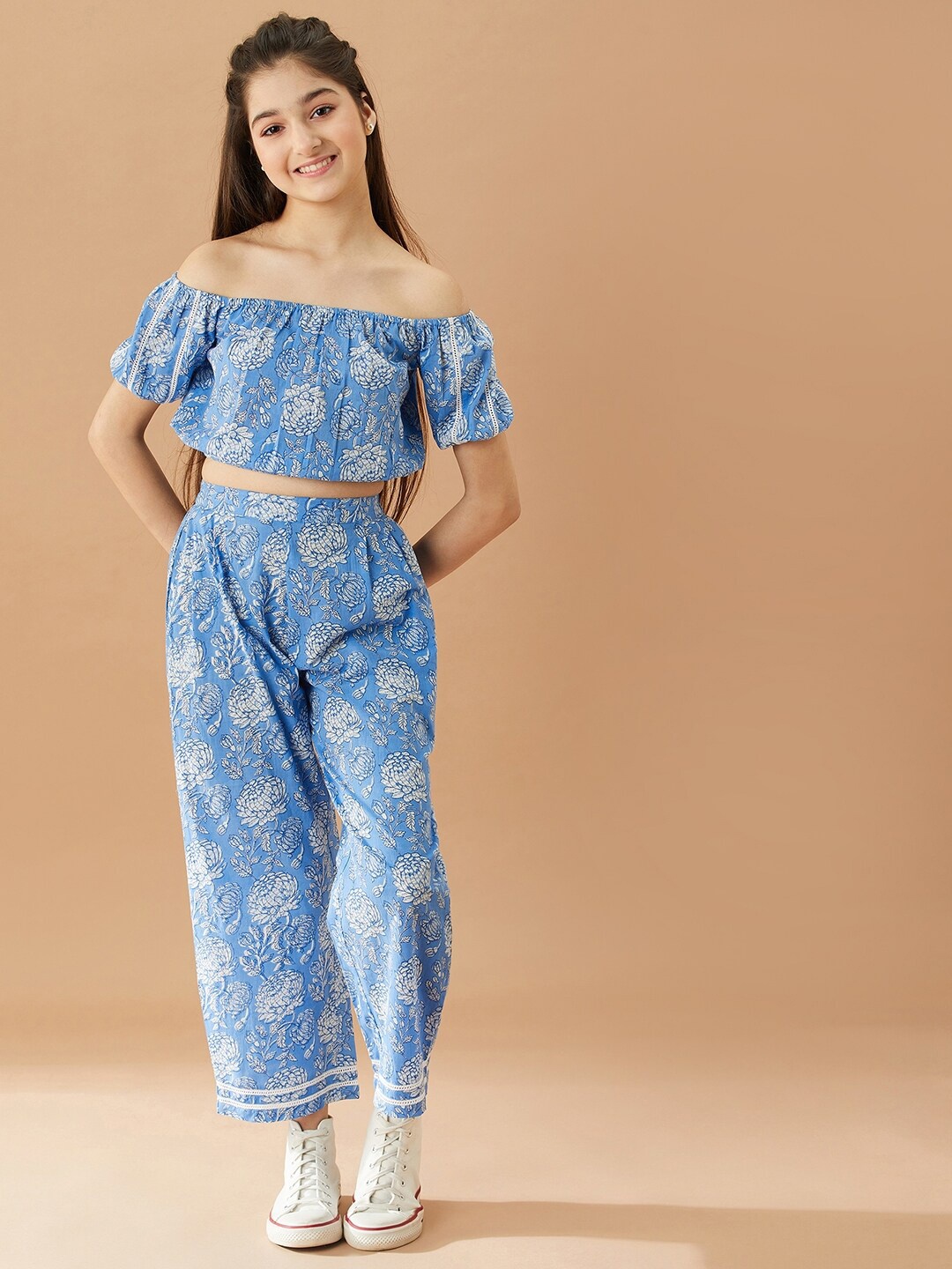 

pspeaches Girls Floral Printed Pure Cotton Off-Shoulder Top with Trousers, Blue