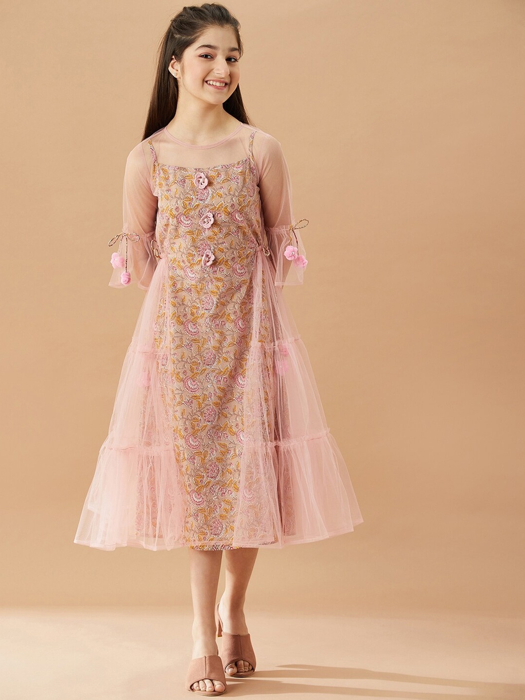 pspeaches Girls Floral Printed Cotton A-Line Midi Dress, Pink