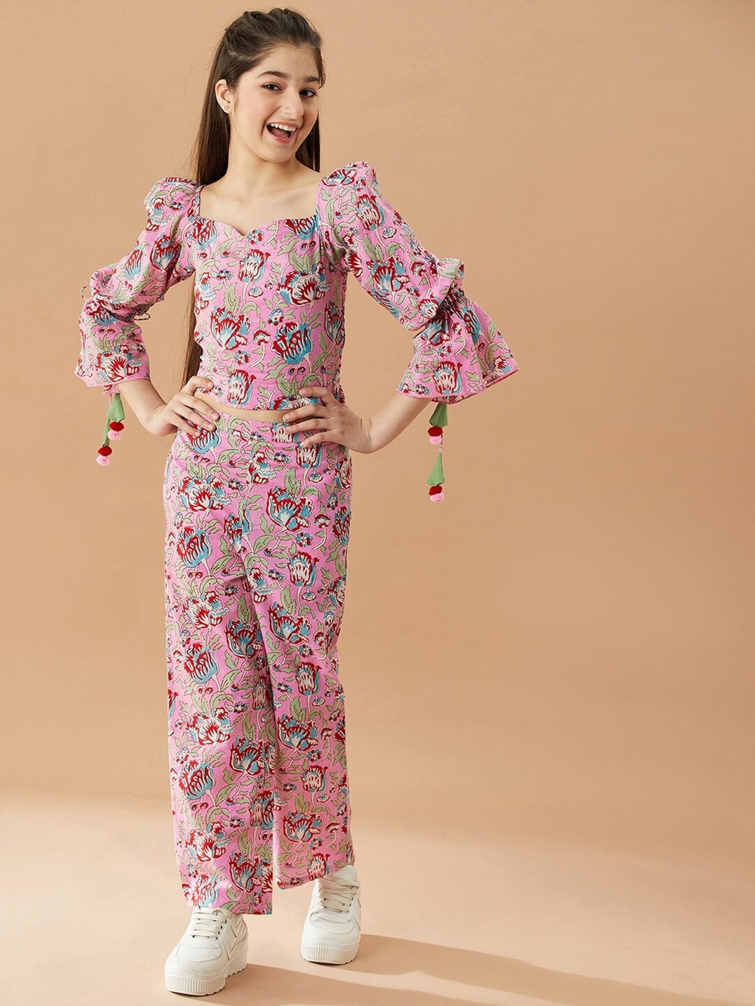 

pspeaches Girls Floral Printed Pure Cotton Bell Sleeves Top with Trousers, Pink