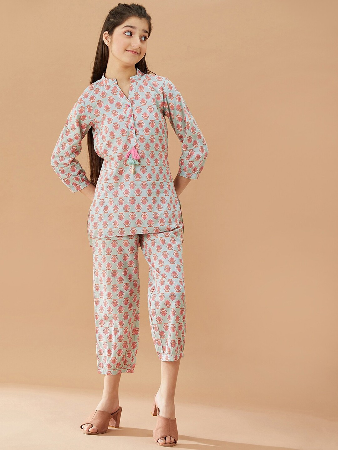 

pspeaches Girls Printed Pure Cotton Tunic With Trousers, Blue