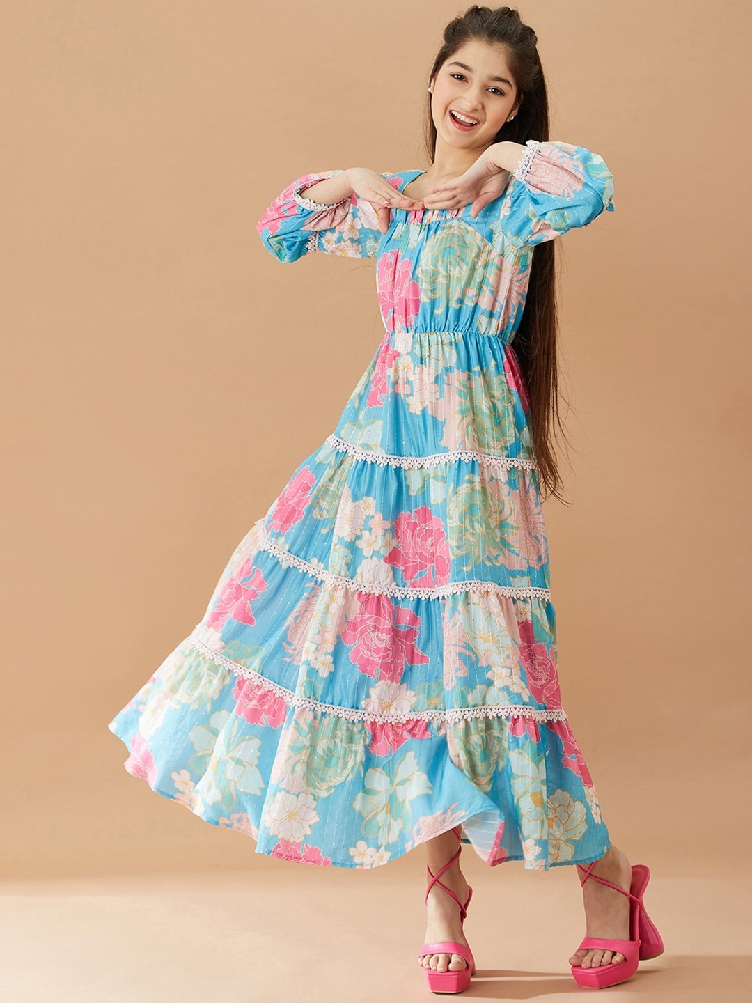

pspeaches Girls Floral Printed Fit And Flare Tiered Cotton Maxi Dress, Blue