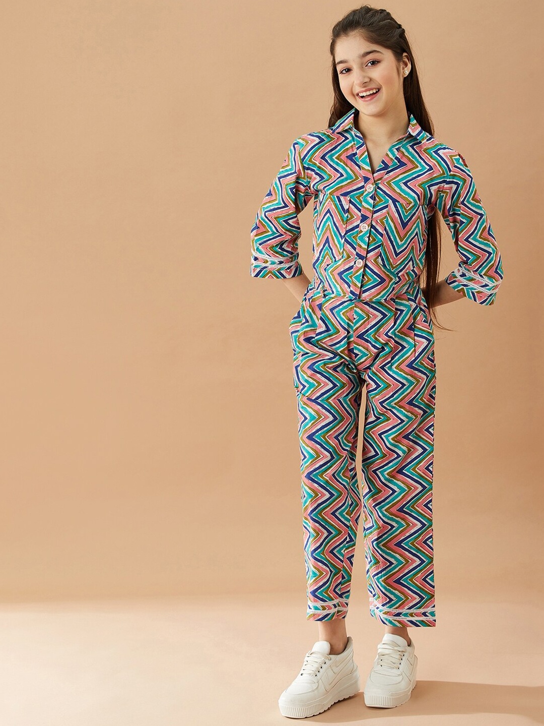 pspeaches Girls Printed Pure Cotton Shirt with Trousers, White