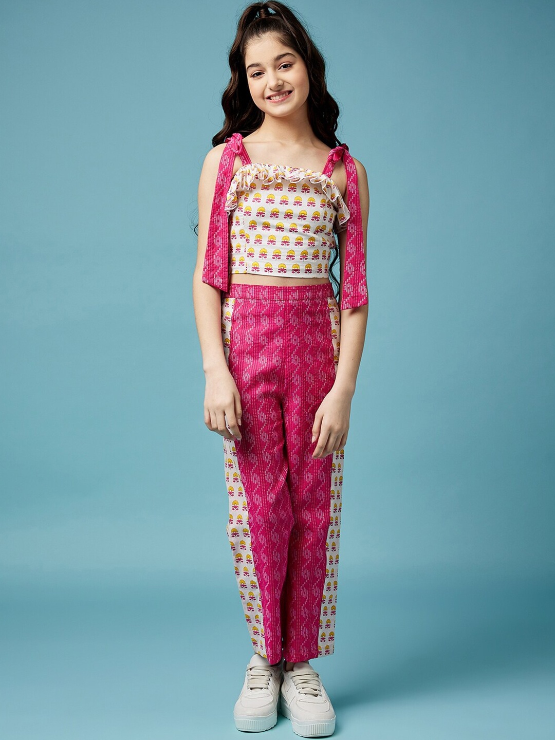 

pspeaches Girls Floral Printed Pure Cotton Top with Trousers, Magenta