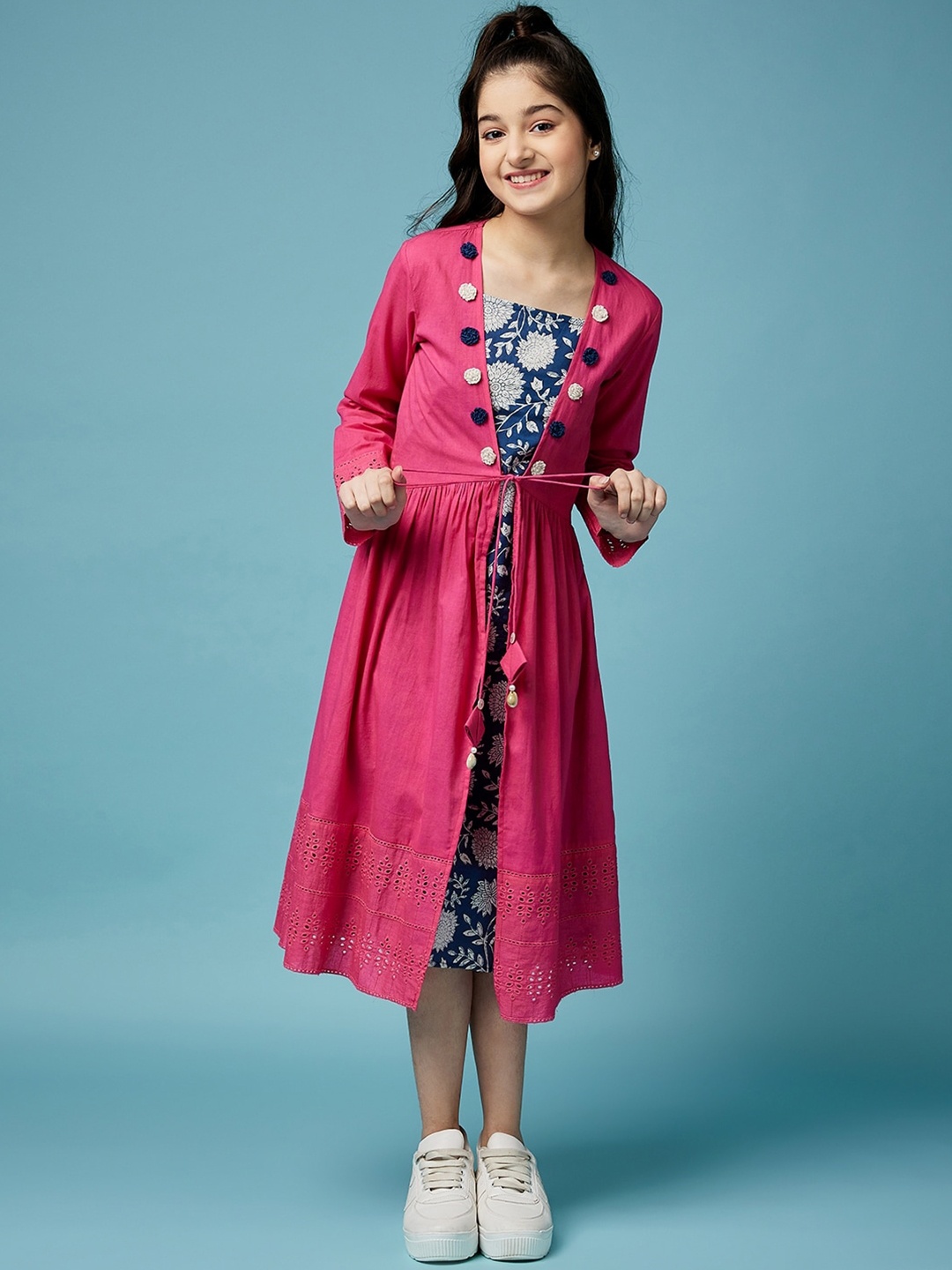

pspeaches Girls Floral Printed Midi Cotton Dress With Schiffli Tie-Up Shrug, Magenta
