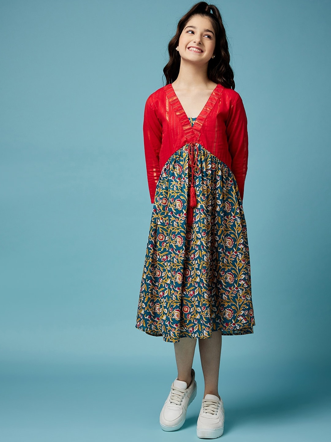

pspeaches Floral Printed A-Line Cotton Midi Dress, Red