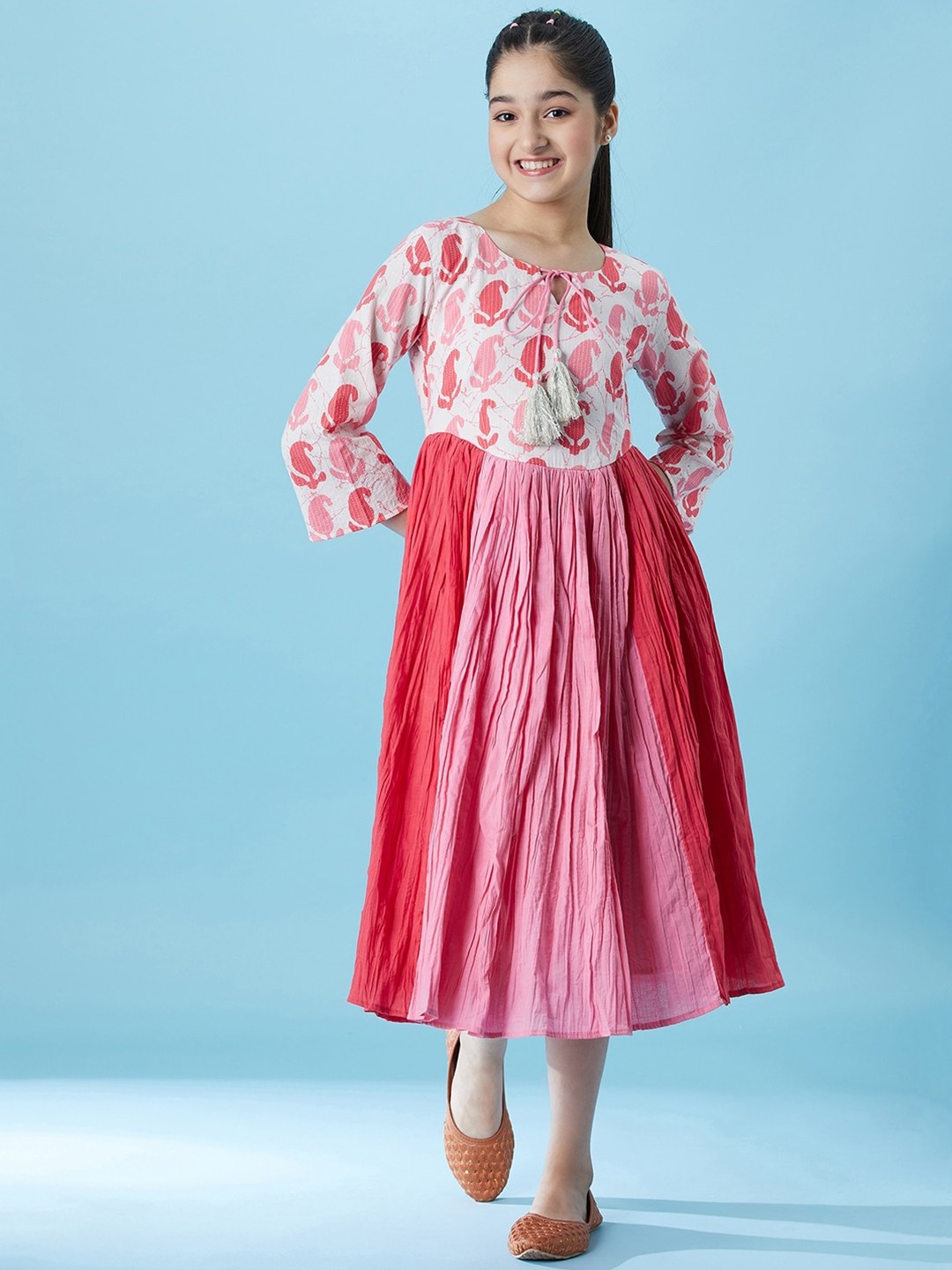 

pspeaches Girls Ethnic Motifs Printed Tie-Up Neck Cotton Midi Dress, Pink