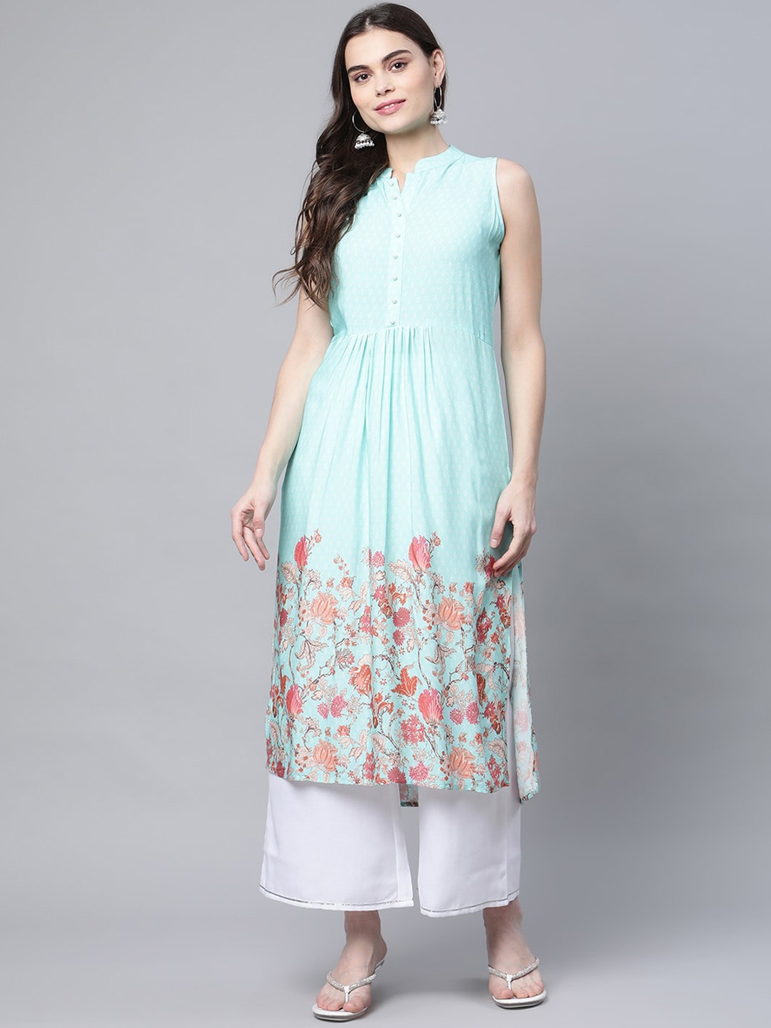 

Ahalyaa Women Floral Printed Kurta, Turquoise blue