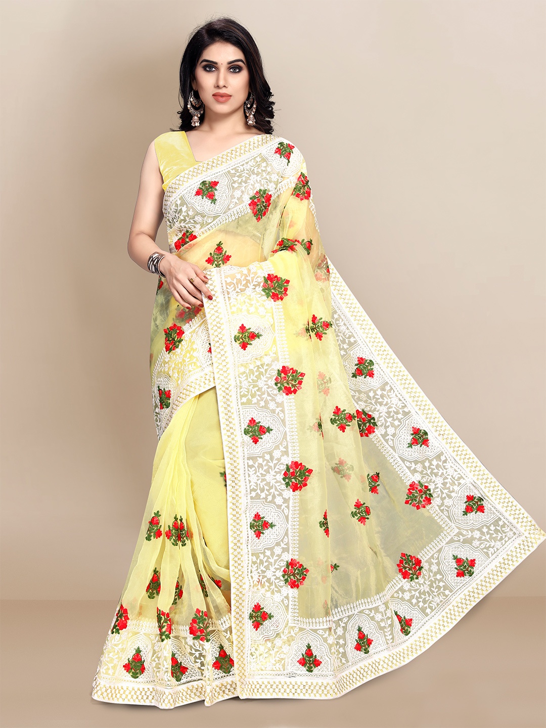 

VAIRAGEE Floral Embroidered Organza Saree, Yellow