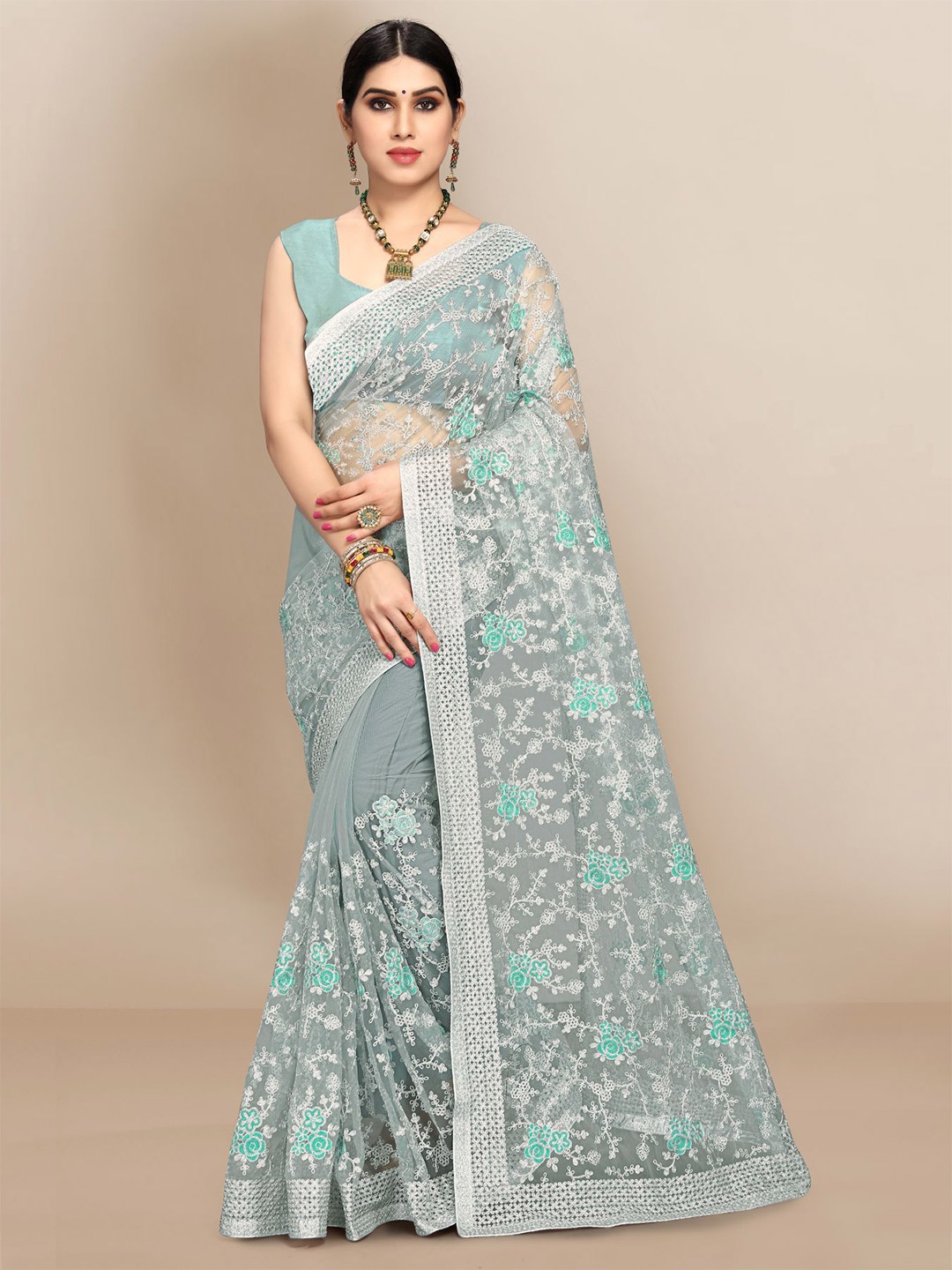 

VAIRAGEE Floral Embroidered Net Saree, Blue