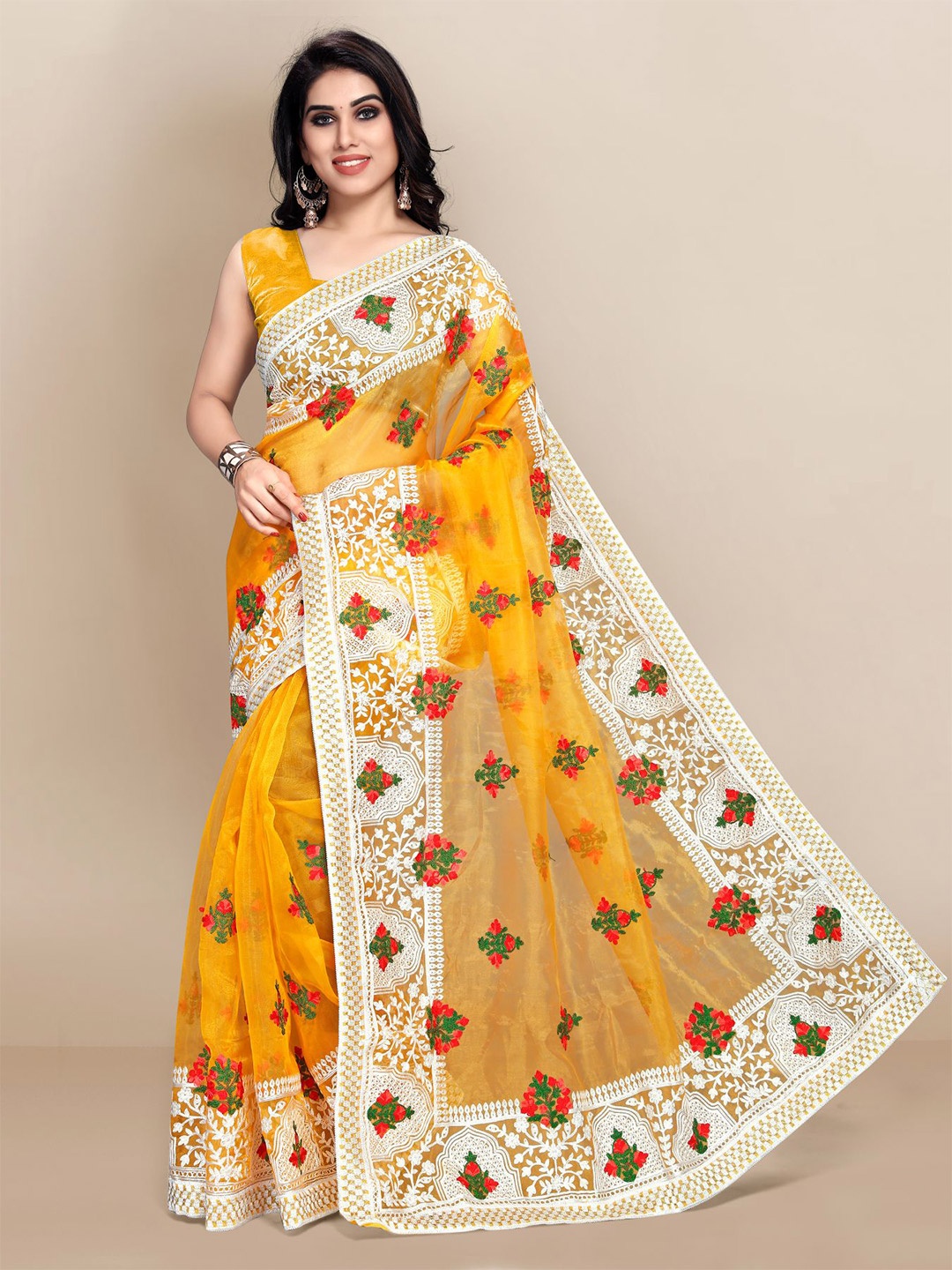 VAIRAGEE Floral Embroidered Organza Saree, Orange