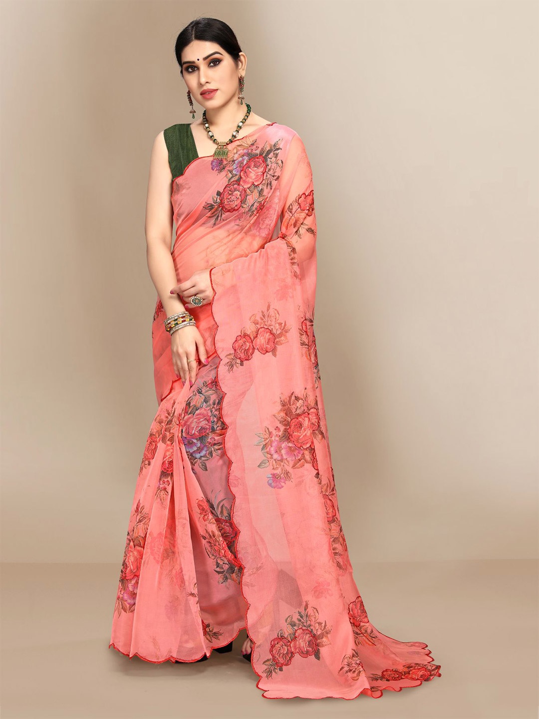 

VAIRAGEE Floral Sequinned Organza Saree, Peach