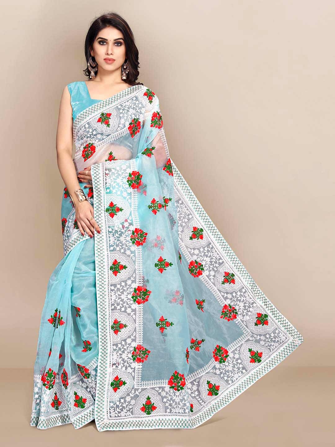 

VAIRAGEE Floral Embroidered Organza Saree, Turquoise blue