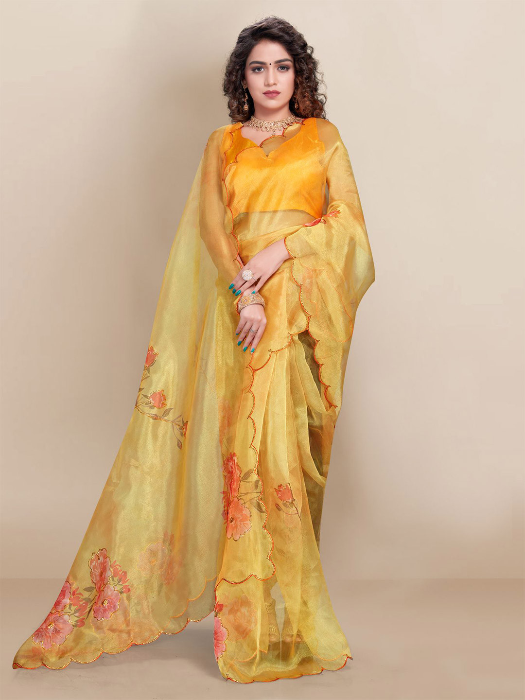 

VAIRAGEE Floral Printed Organza Saree, Mustard