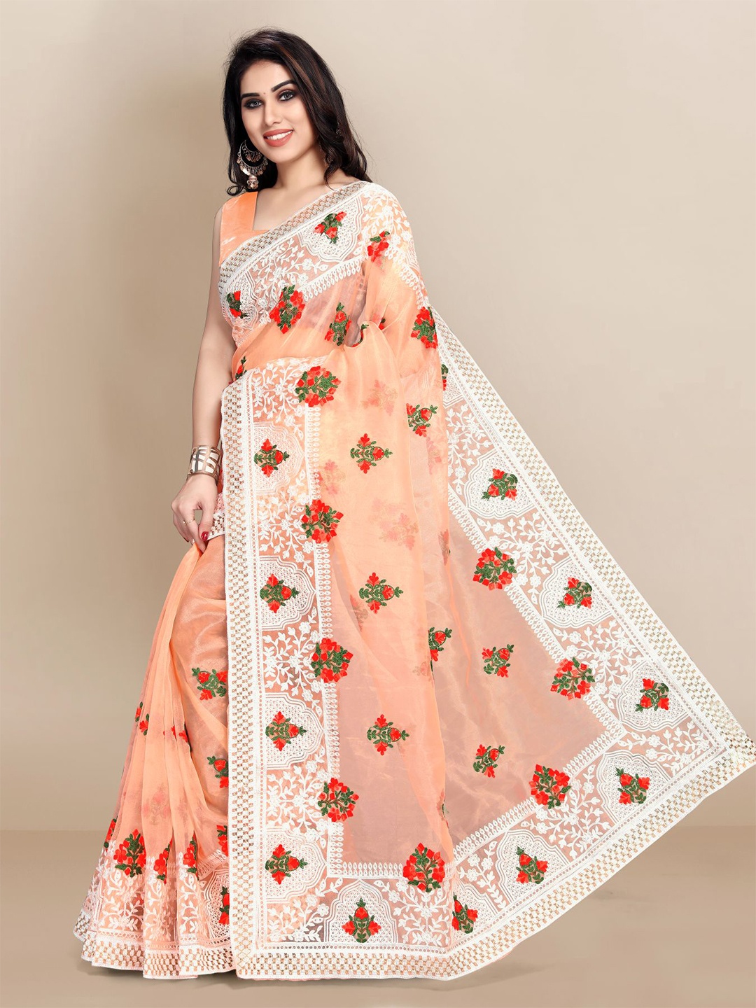 

VAIRAGEE Floral Embroidered Organza Saree, Peach