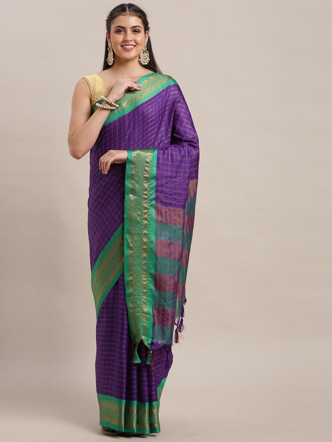 

VAIRAGEE Checked Zari Saree, Purple