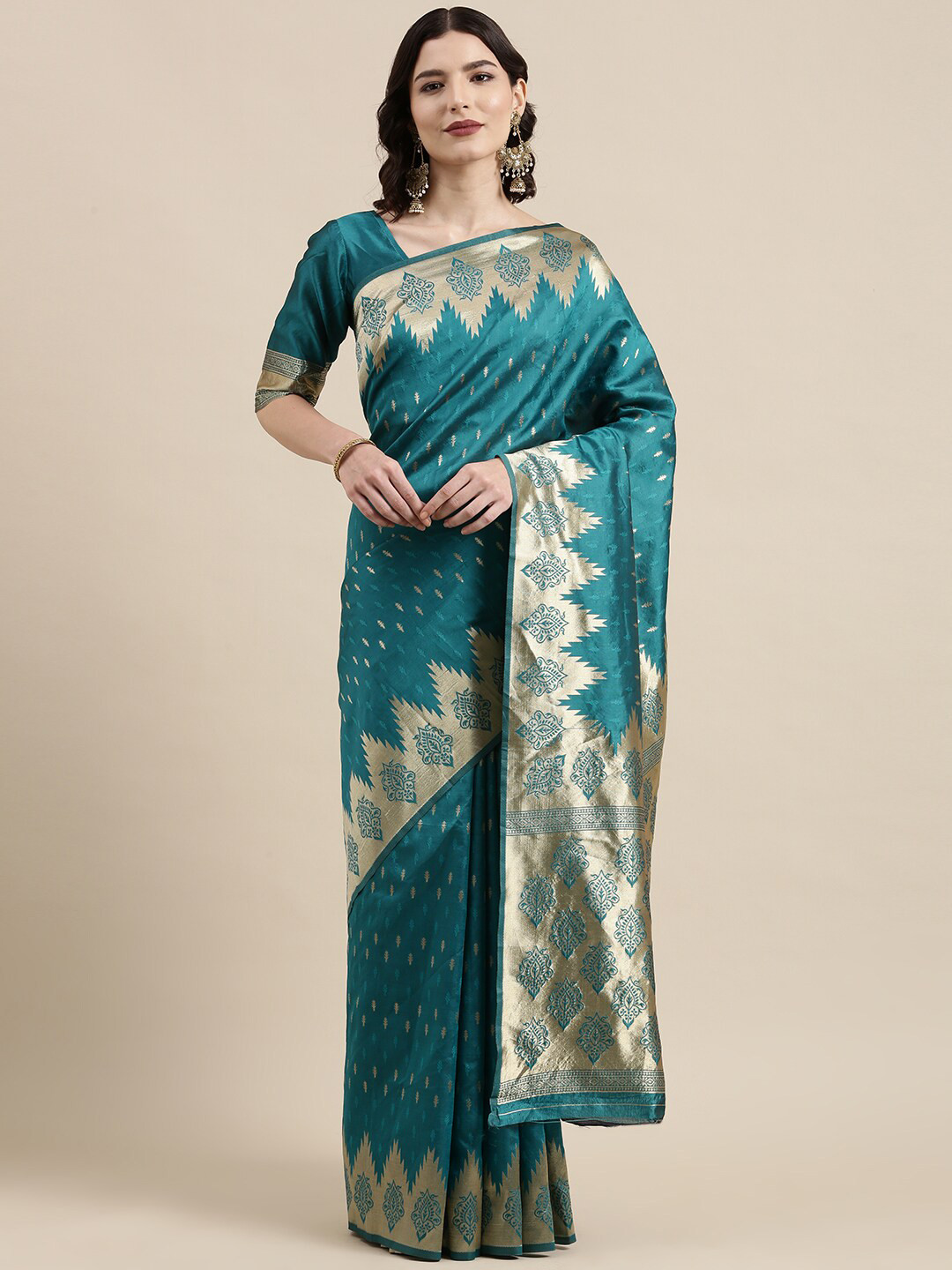 

VAIRAGEE Ethnic Motifs Woven Design Zari Banarasi Saree, Teal