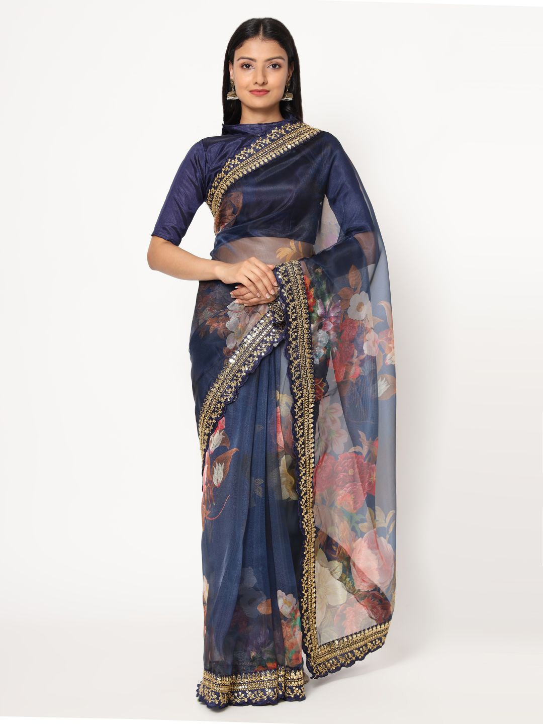 

VAIRAGEE Floral Embroidered Organza Saree, Navy blue