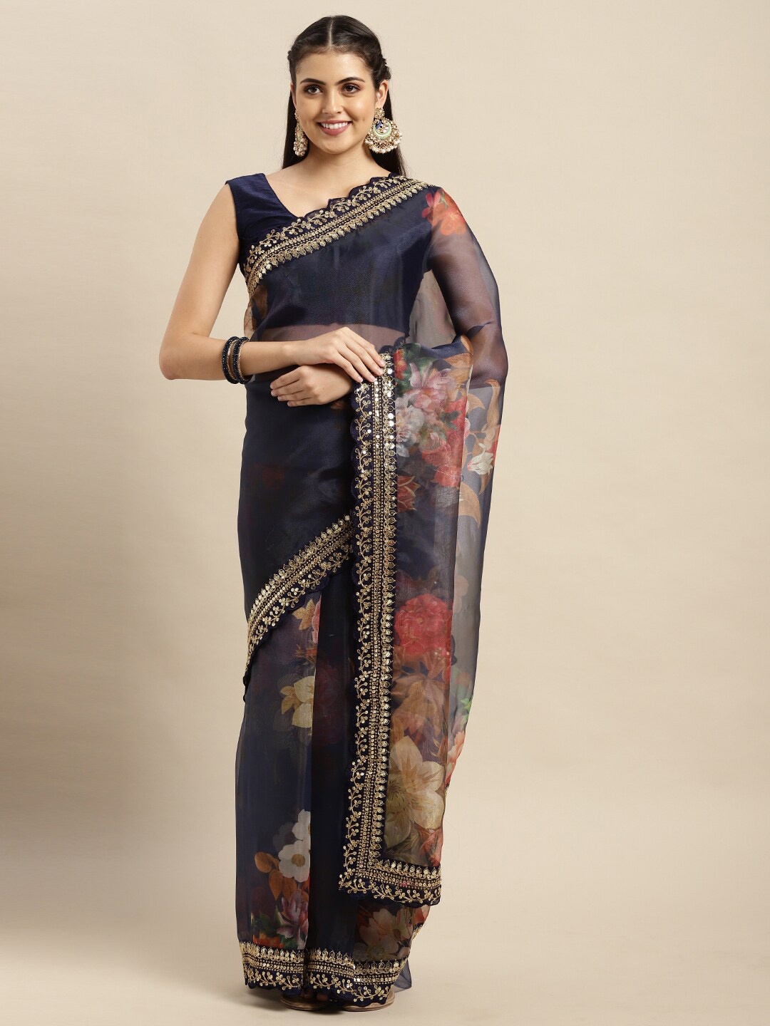 

VAIRAGEE Floral Embroidered Organza Saree, Navy blue
