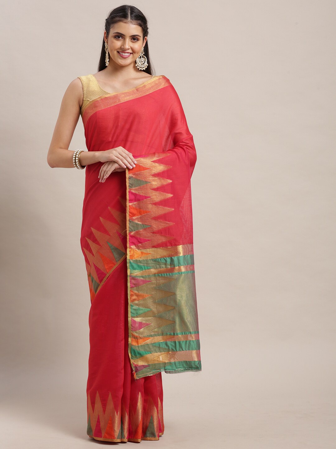 

VAIRAGEE Woven Design Zari Silk Cotton Chanderi Saree, Peach