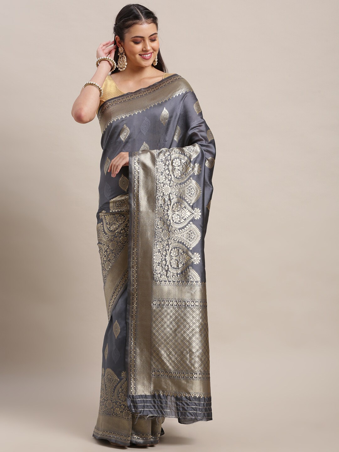 

VAIRAGEE Ethnic Motifs Woven Design Zari Banarasi Saree, Grey