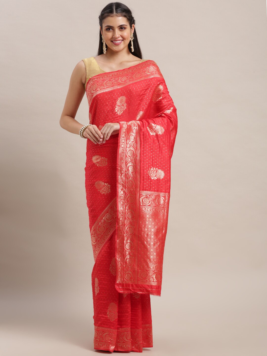 

VAIRAGEE Floral Motif Woven Design Zari Bordered Banarasi Saree, Red