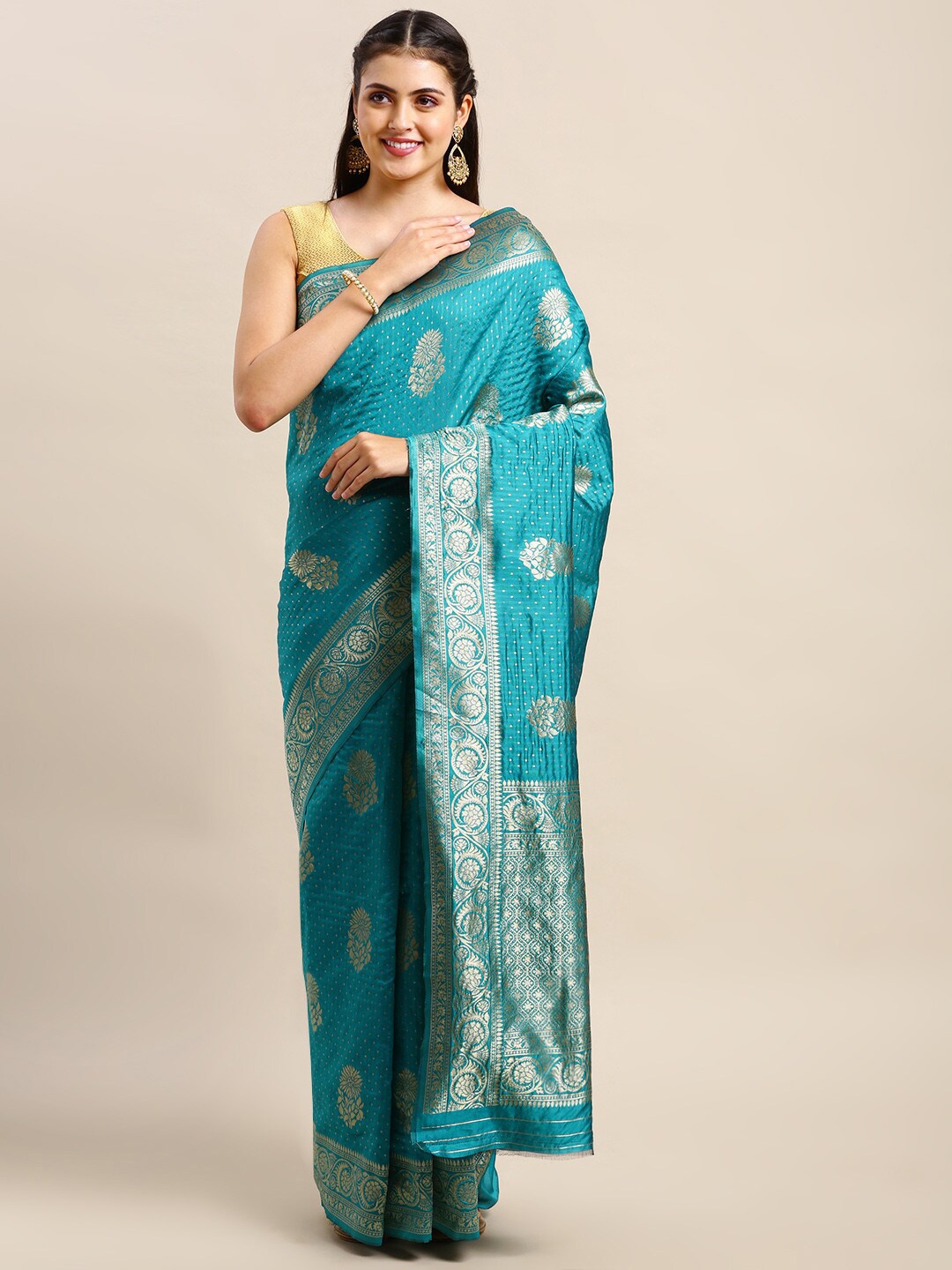 VAIRAGEE Floral Woven Design Zari Banarasi Saree, Turquoise blue