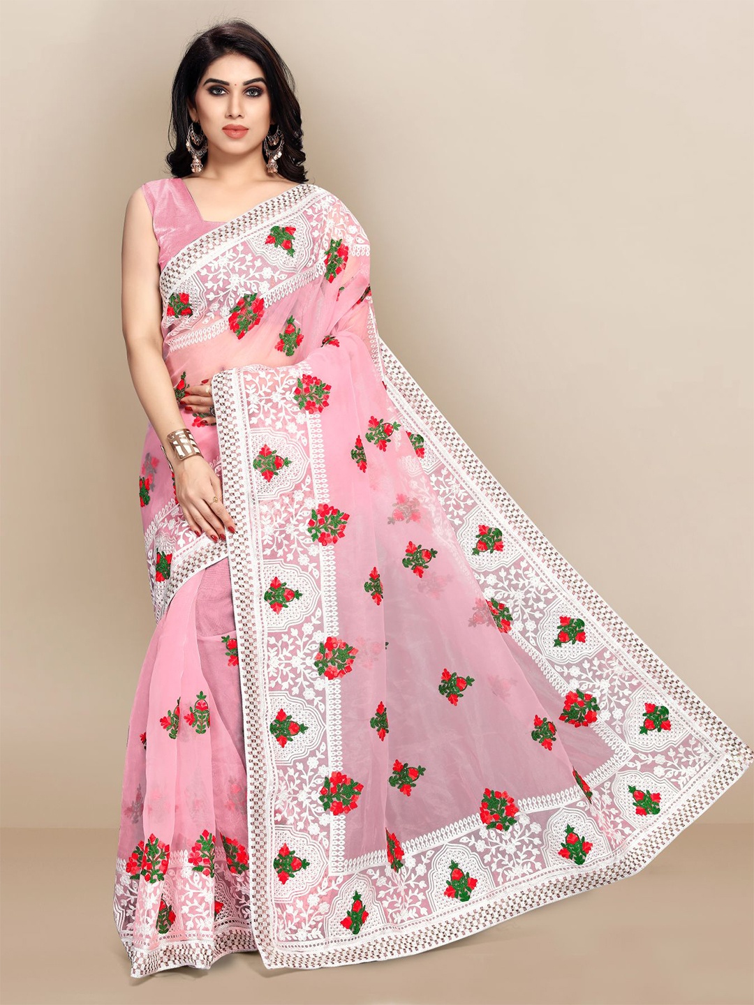 

VAIRAGEE Floral Embroidered Organza Saree, Pink