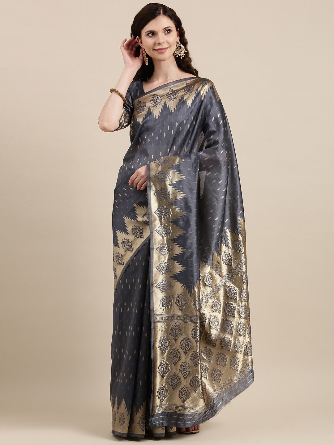

VAIRAGEE Ethinic Motifs Zari Banarasi Saree, Grey