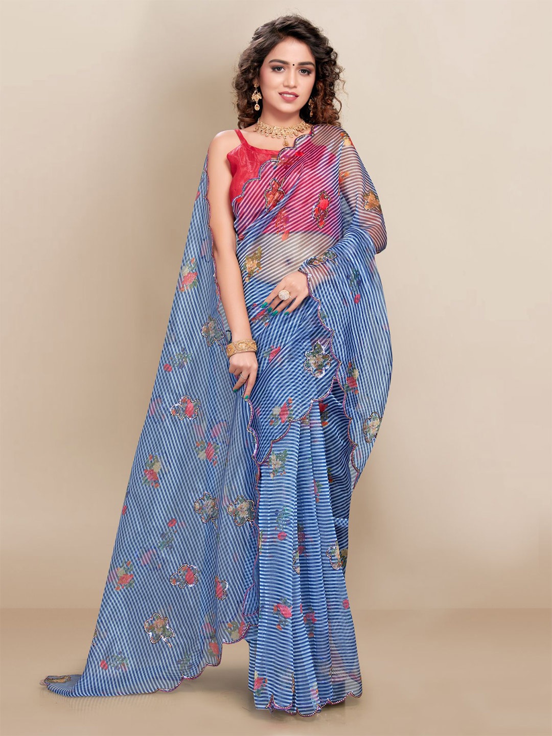 VAIRAGEE Floral Printed Emblished Saree, Blue