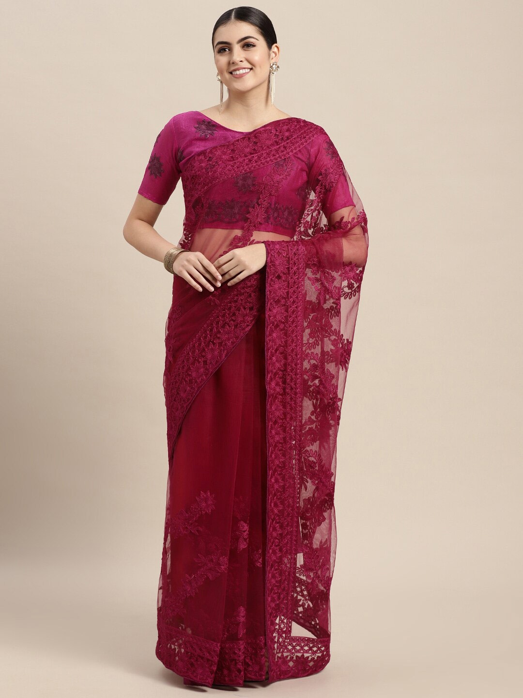

VAIRAGEE Floral Embroidered Net Saree, Maroon