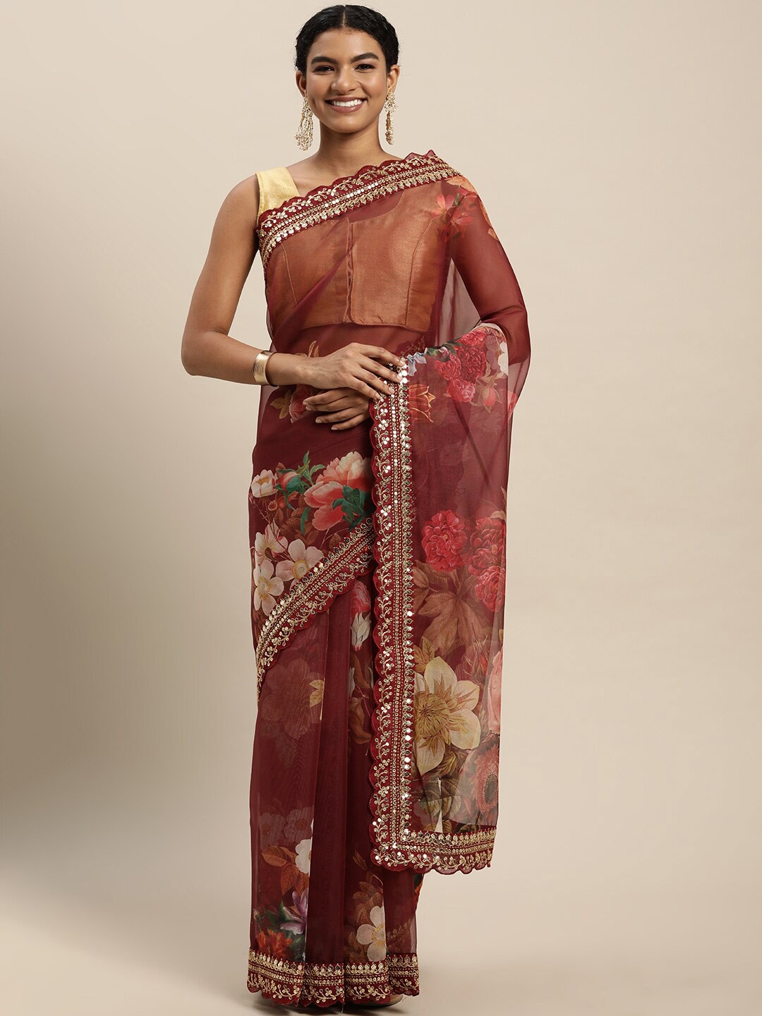 

VAIRAGEE Floral Printed Organza Saree, Maroon