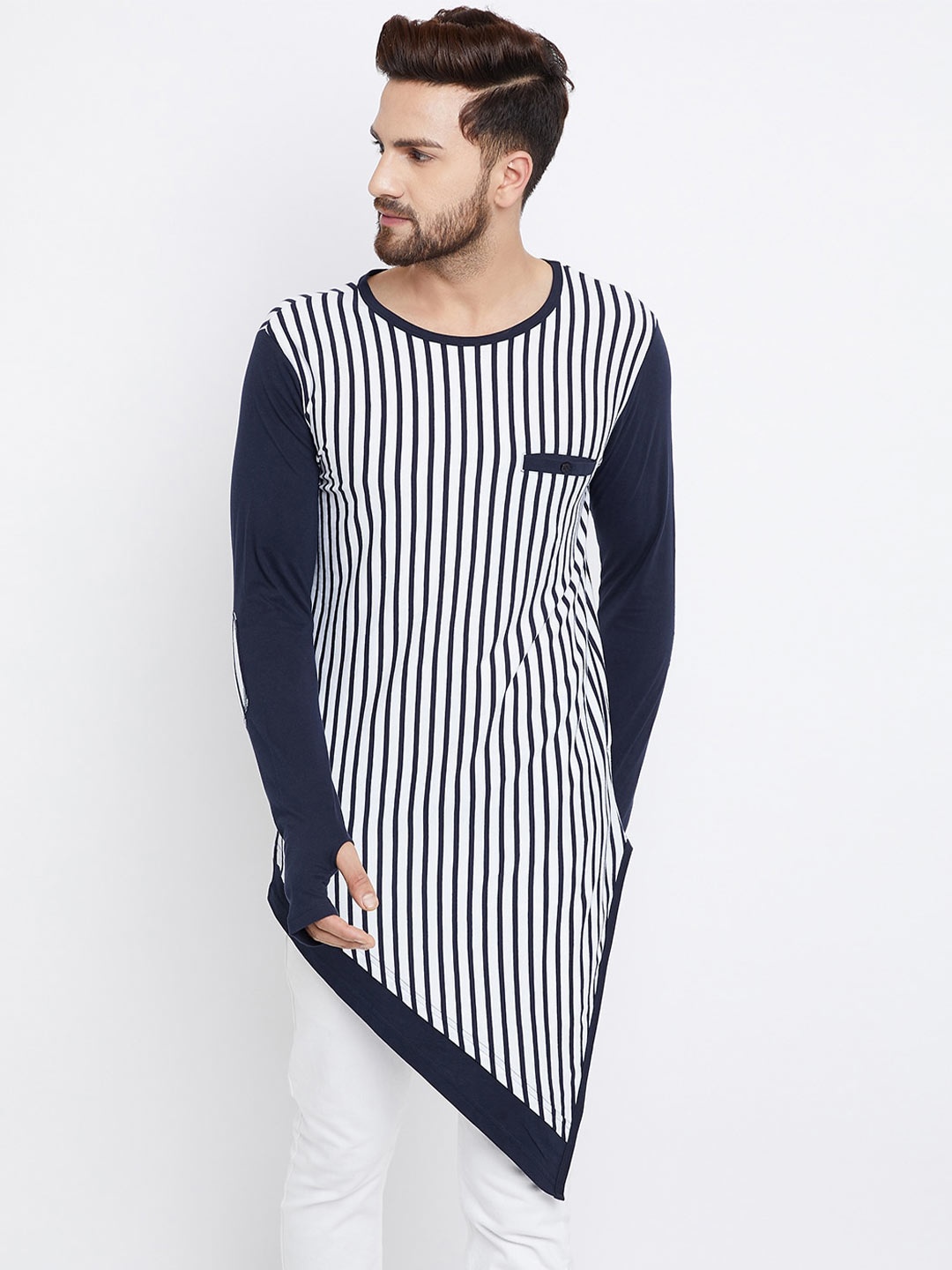 

Hypernation Men Striped Longline Asymmetric Cotton T-shirt, White