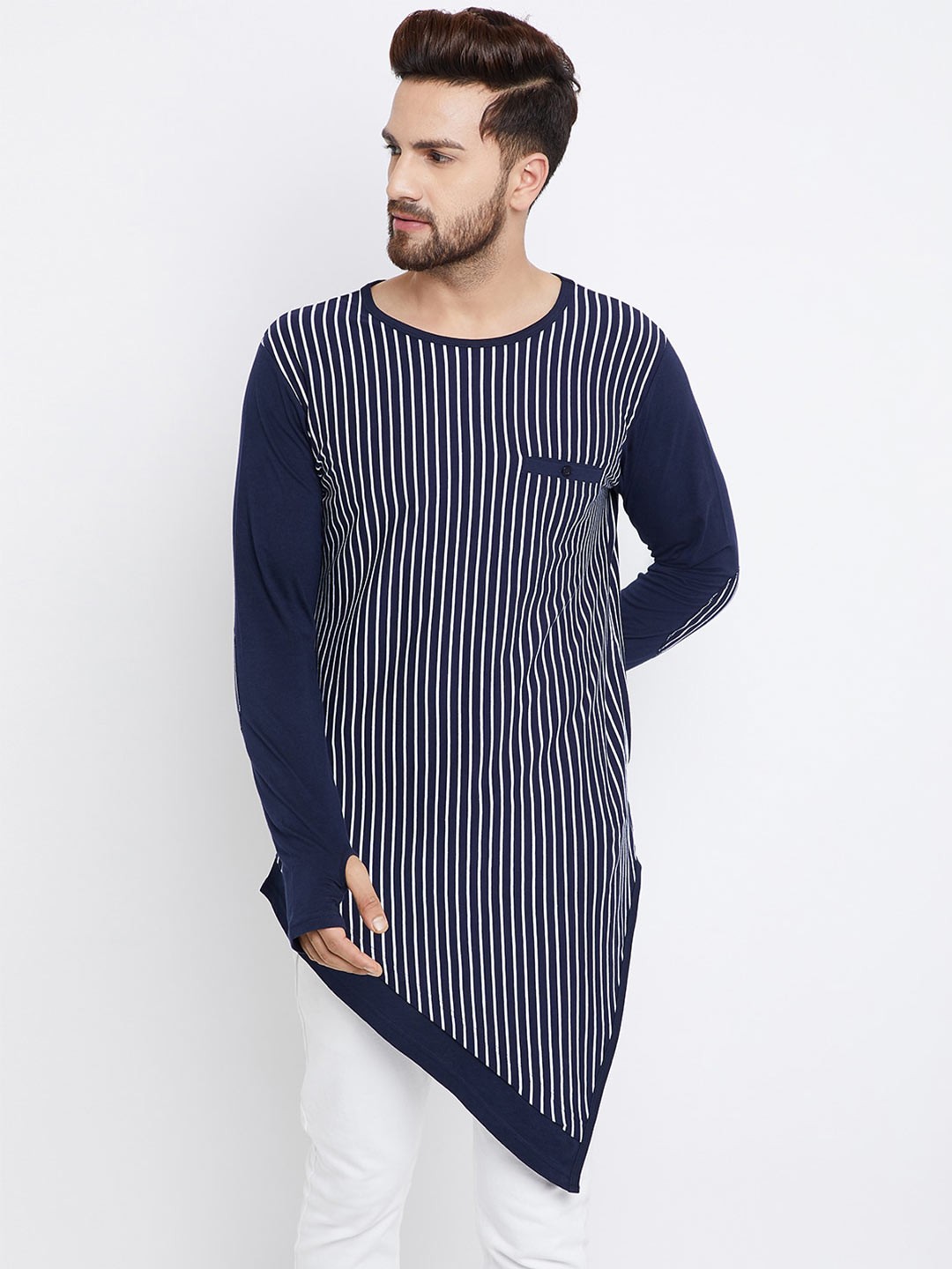 

Hypernation Men Striped Longline Asymmetric Cotton T-shirt, Blue