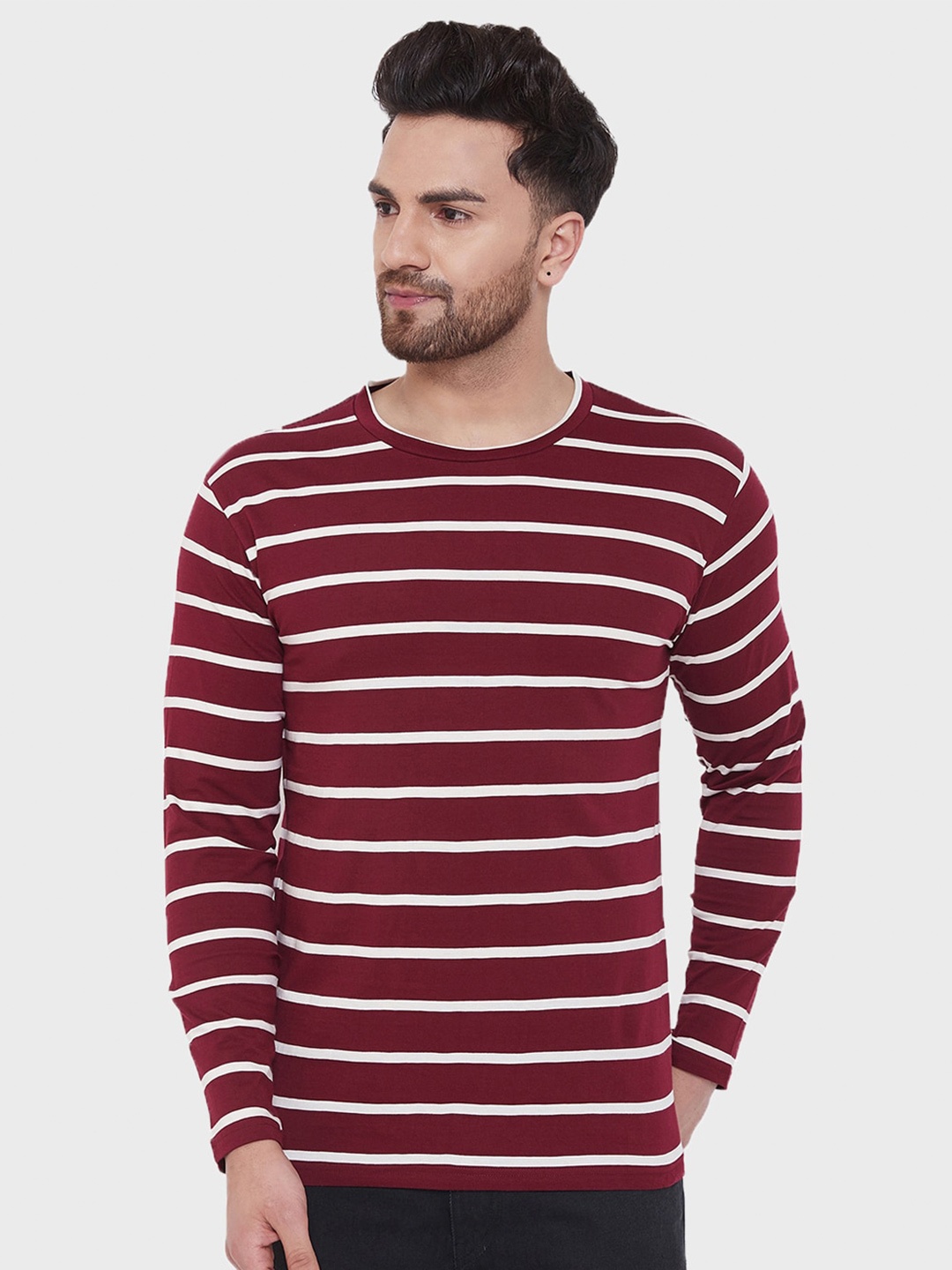 

Hypernation Men Striped Pure Cotton T-shirt, Maroon
