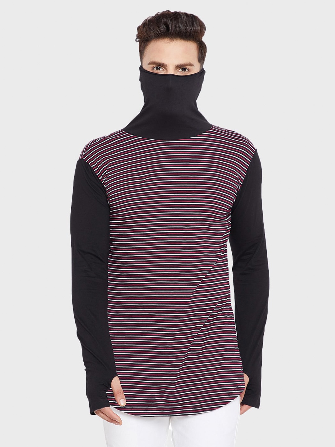 

Hypernation Men Striped Turtle Neck Pure Cotton T-shirt, Black