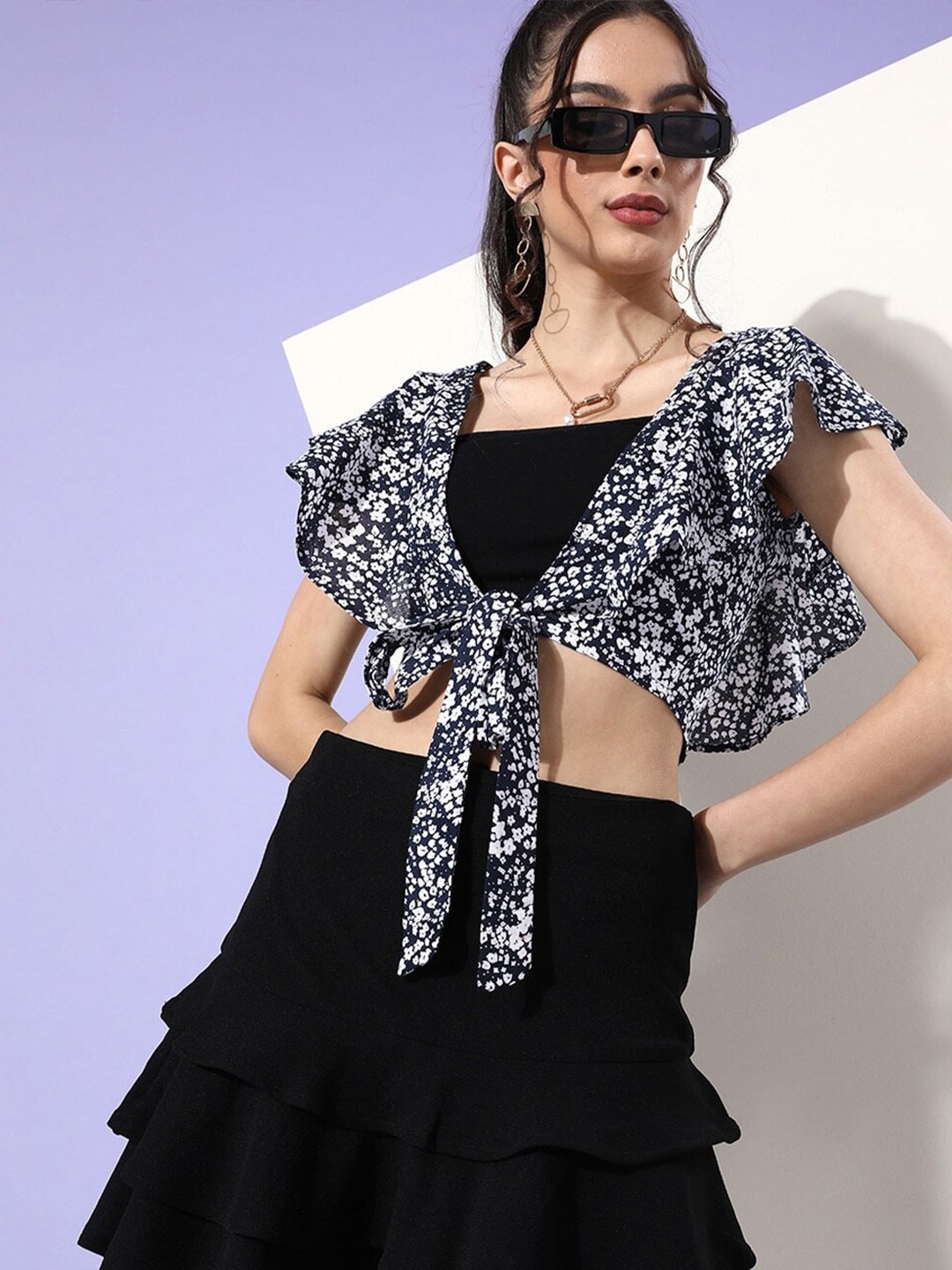 

Sera Floral Print Layered Crop Top, Navy blue
