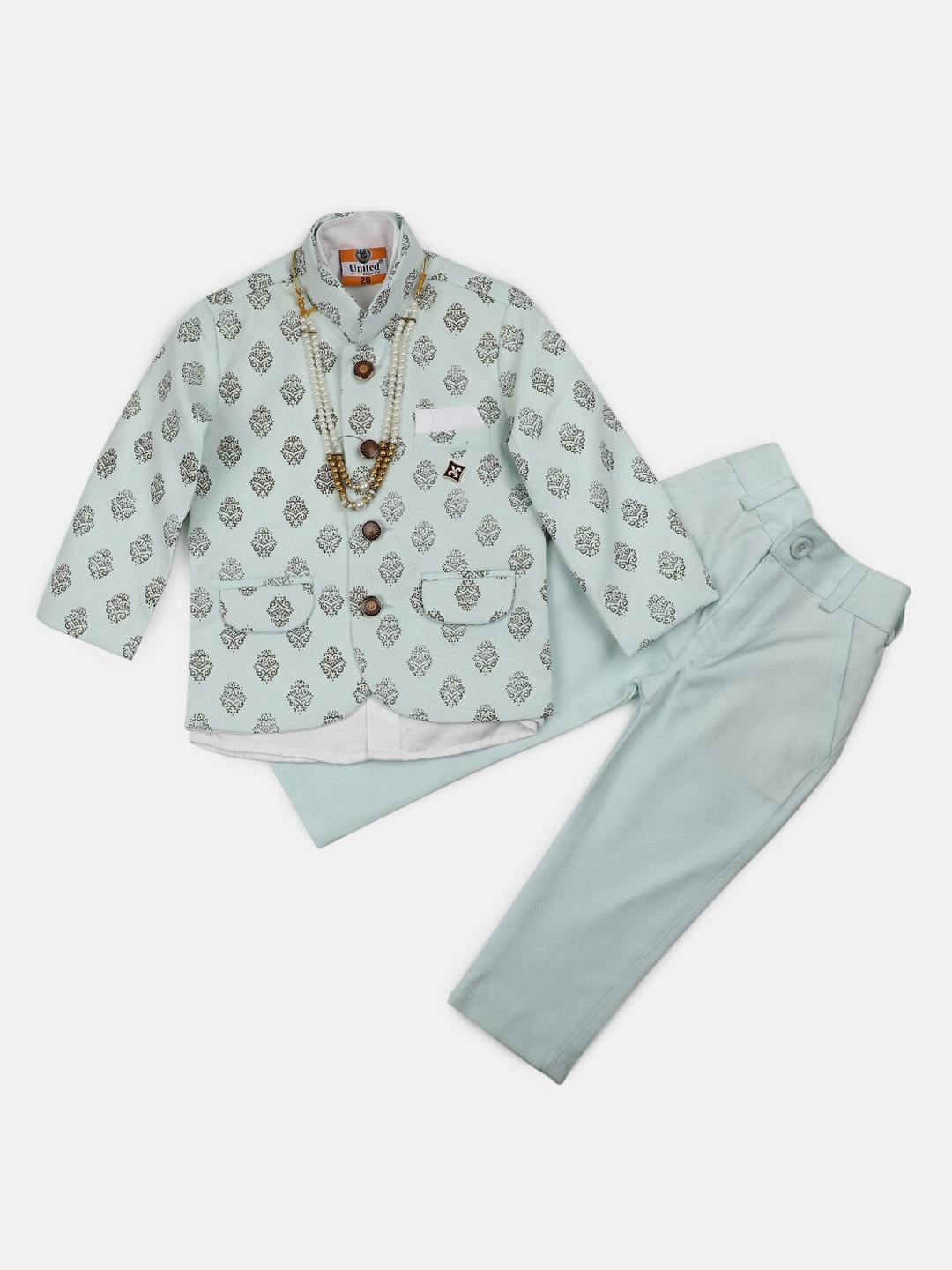 

V-Mart Infants Ethnic Motif Printed Bandhgala Blazer & Trouser, Green