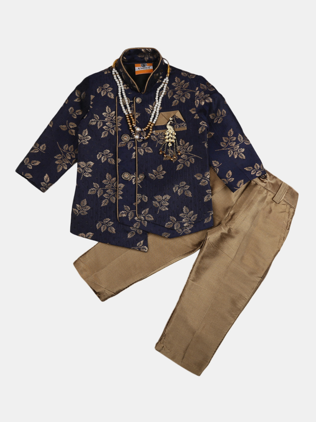 

V-Mart Infants Floral Woven Designed Single Breasted Cotton Bandhgala Blazer & Trousers, Navy blue