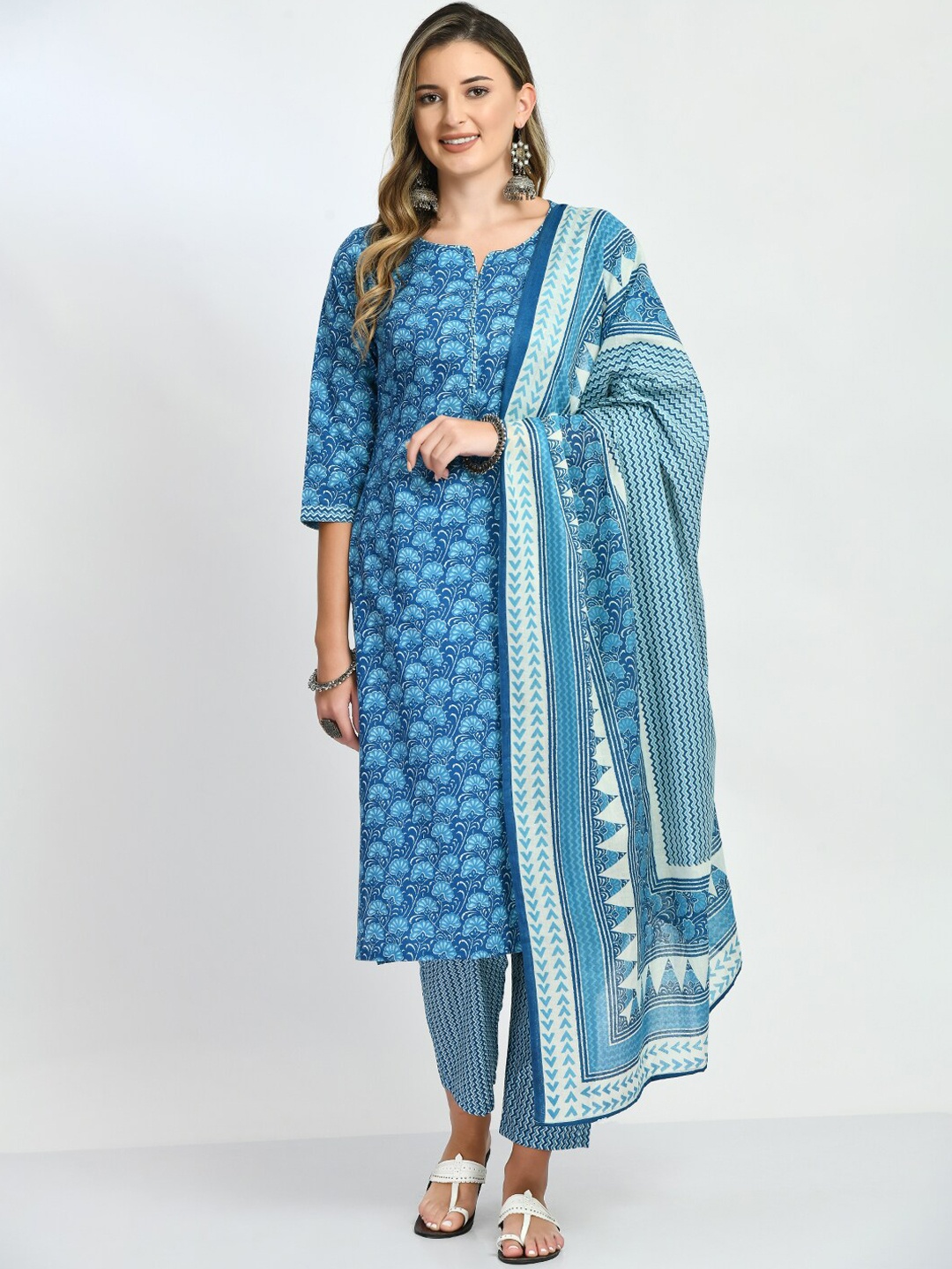 

KALINI Floral Printed Pure Cotton Kurta with Trousers & Dupatta, Blue
