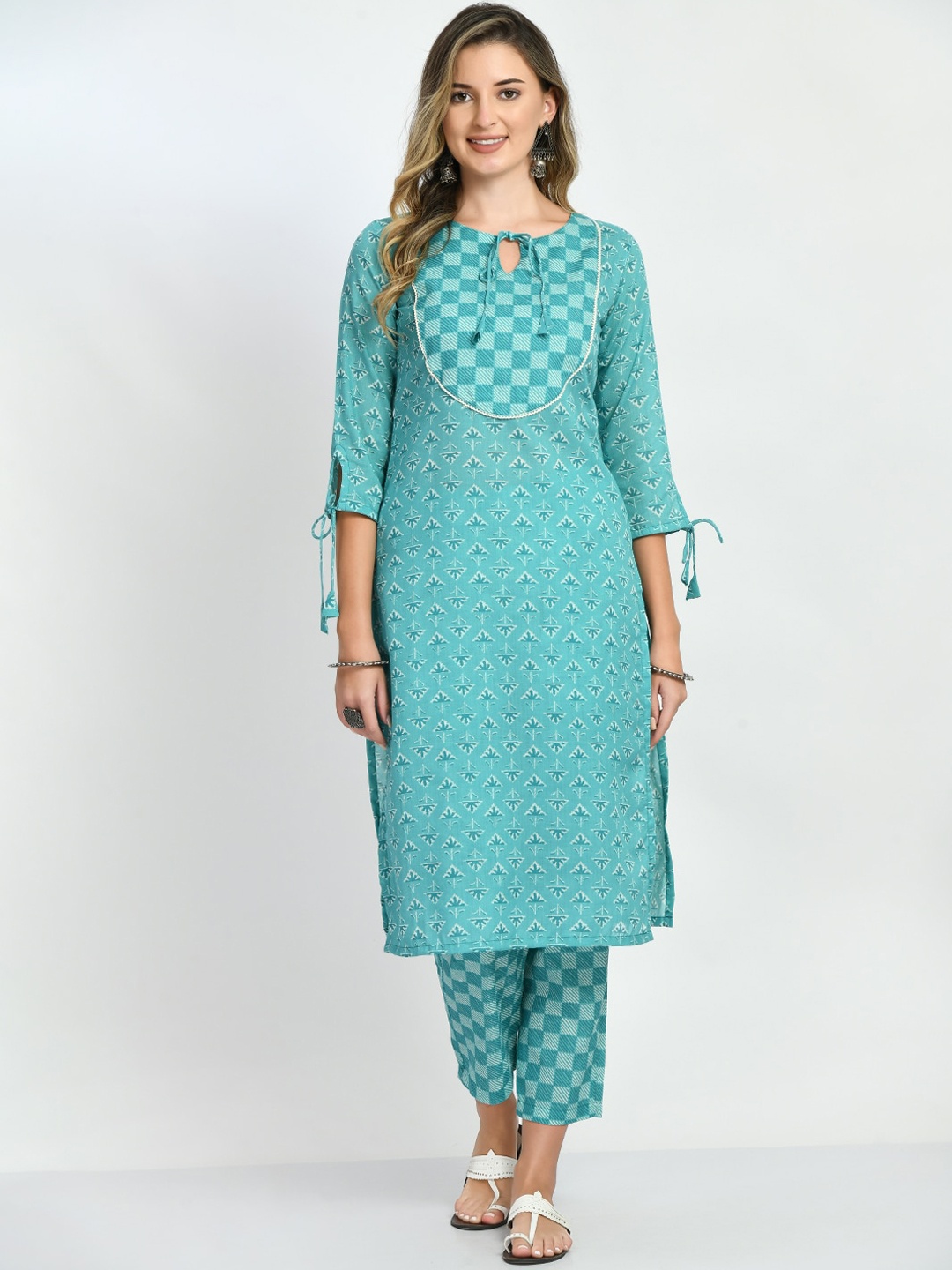 

KALINI Printed Pure Cotton Kurta with Trousers & Dupatta, Turquoise blue