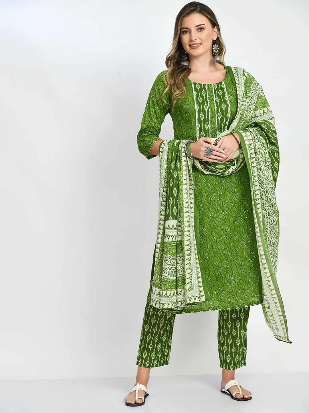

KALINI Printed Pure Cotton Kurta With Trousers & Dupatta, Green