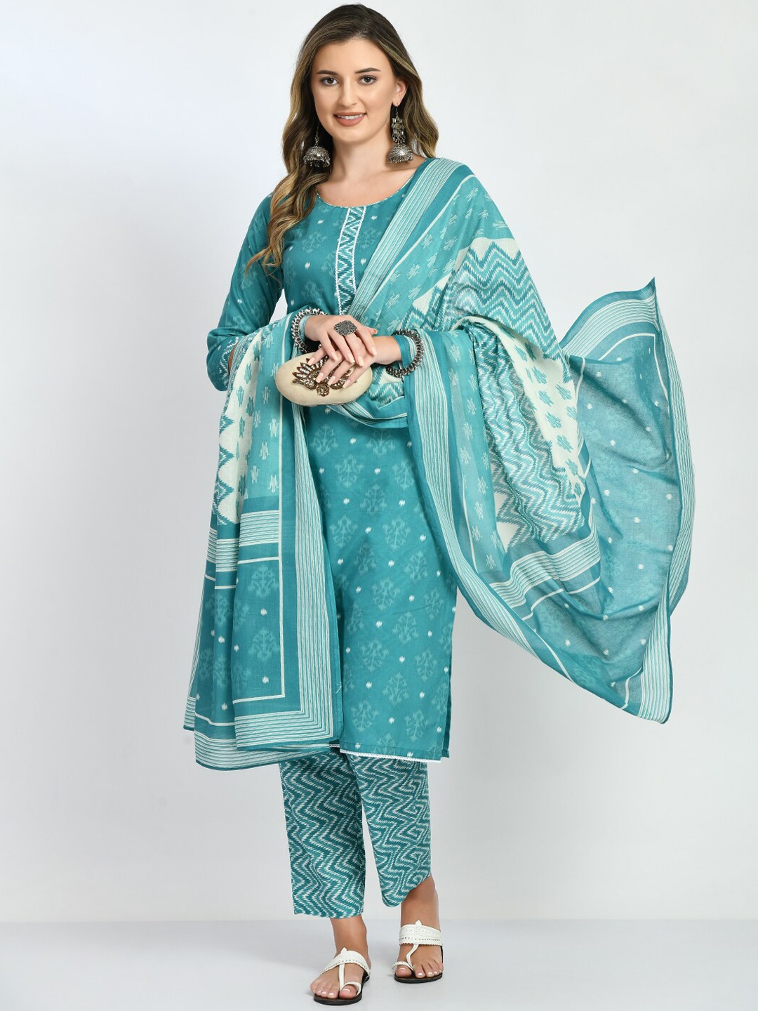 

KALINI Ethnic Motifs Printed Pure Cotton Kurta With Trousers & Dupatta, Turquoise blue