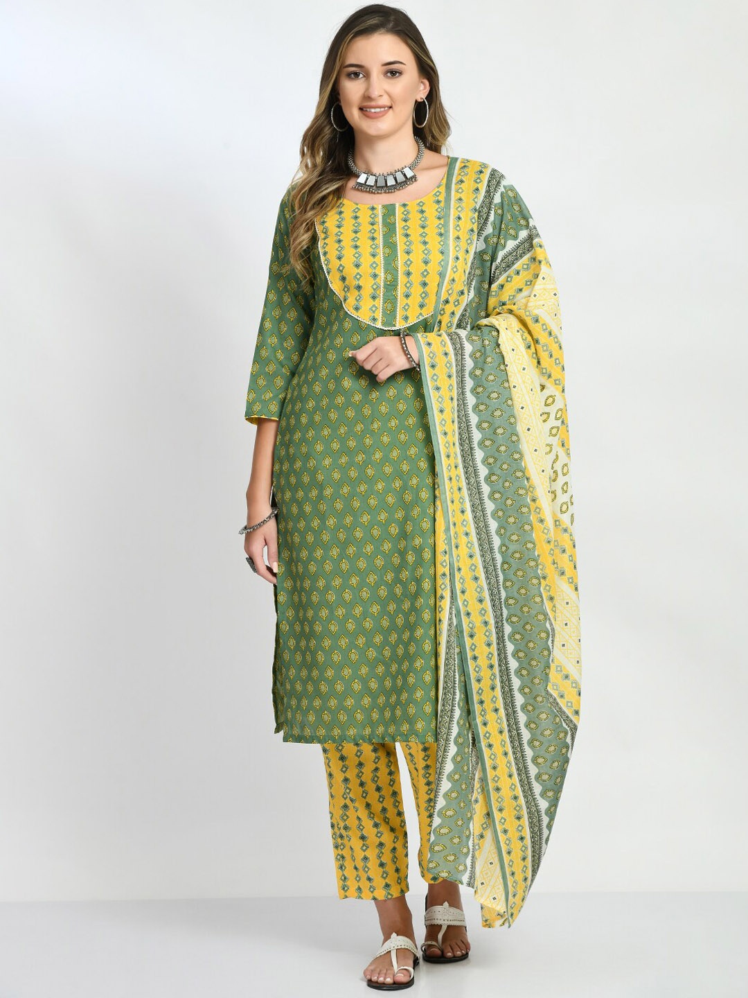 

KALINI Ethnic Motifs Printed Pure Cotton Kurta With Trousers & Dupatta, Green